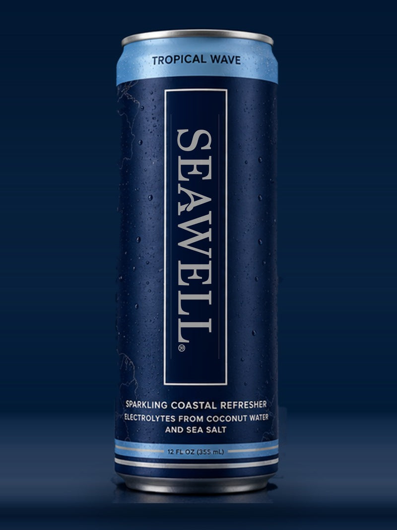 SEAWELL Tropical Wave, a navy 12 ounce slim can with a mid blue band across the top.
