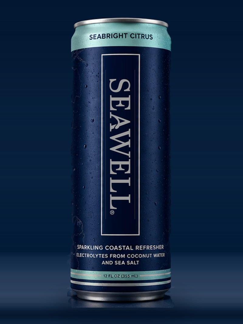 SEAWELL Seabright Citrus, a navy 12 ounce slim can with a pale mint band across the top.
