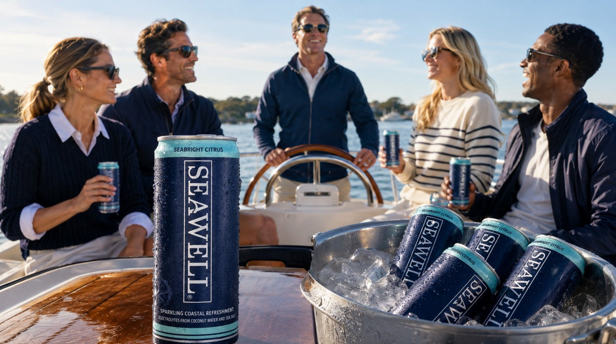 Friends on the back of a boat at golden hour, one handing over a chilled can of SEAWELL Seabright Citrus from an ice bucket.